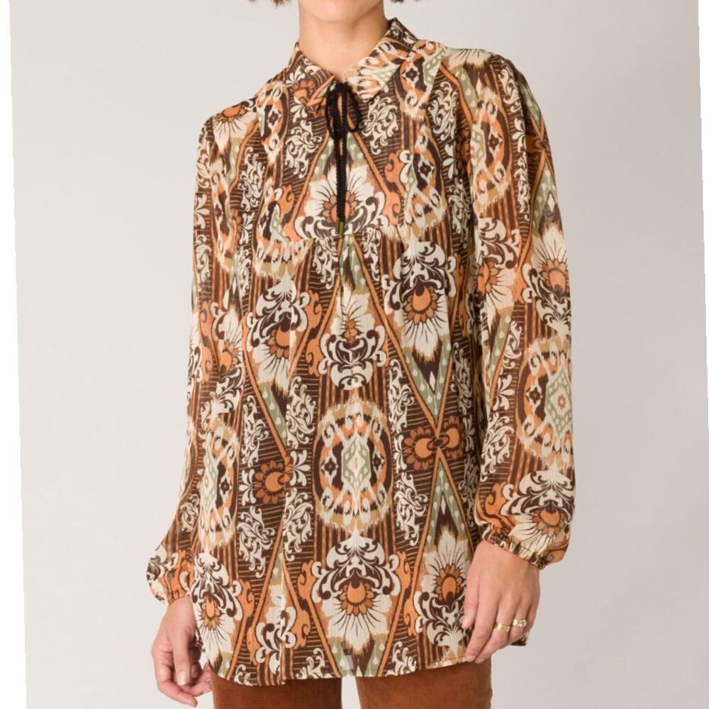 Yest NWT Sanne Vintage Boho Tie‎ Neck Tunic Top Brown Floral Long Sleeve Blouse